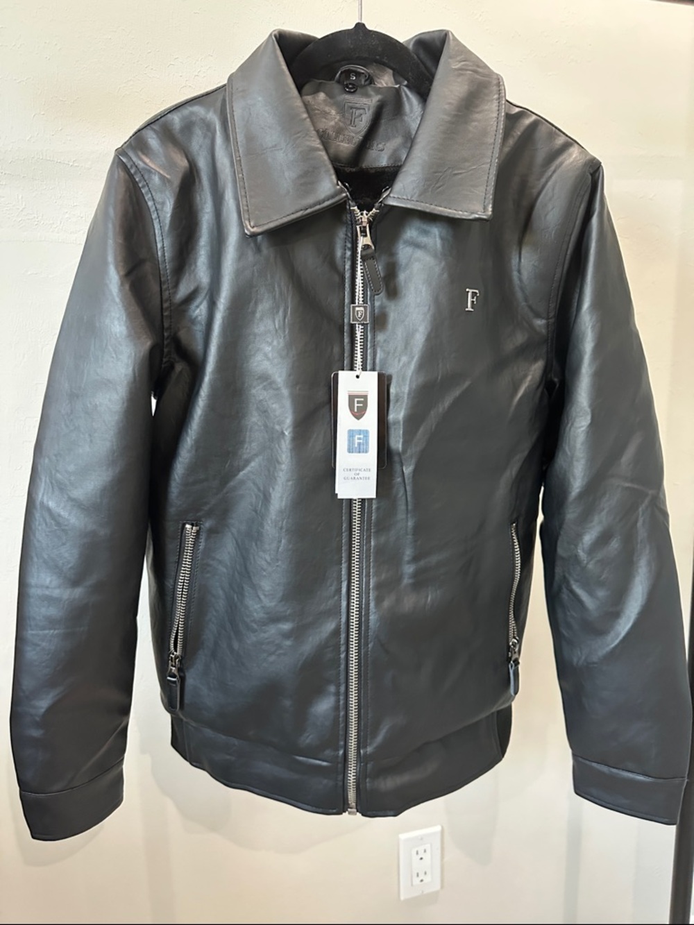 Ferrari Collection Black Leather Zip Bomber Jacket with Silver Hardware